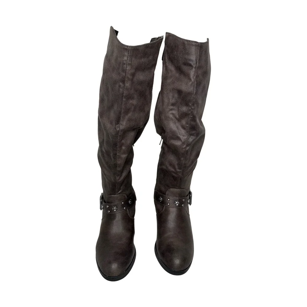 Carlos Santana Cara Knee High Boots Womens 6.5 Brown Fabric Buckle Stud Slouchy